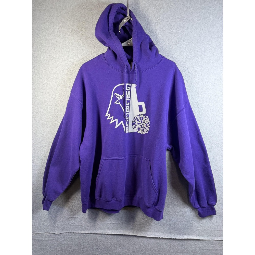 Gildan Hoodie Mens XL Purple GM Cheer Eagle Graphic Pullover Fleece School Team